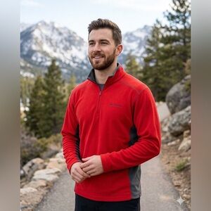 Columbia Men’s Large Pine Ridge Half Zip Fleece Pullover Red Gray Shirt Top L
